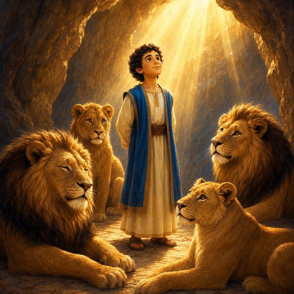 Portada de la historia Daniel en el Foso — libro bíblico infantil ilustrado