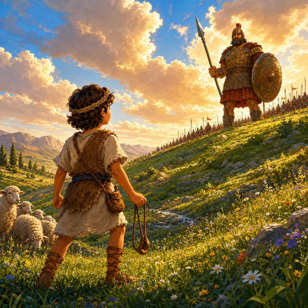 Portada de la historia David y Goliat — libro bíblico infantil ilustrado
