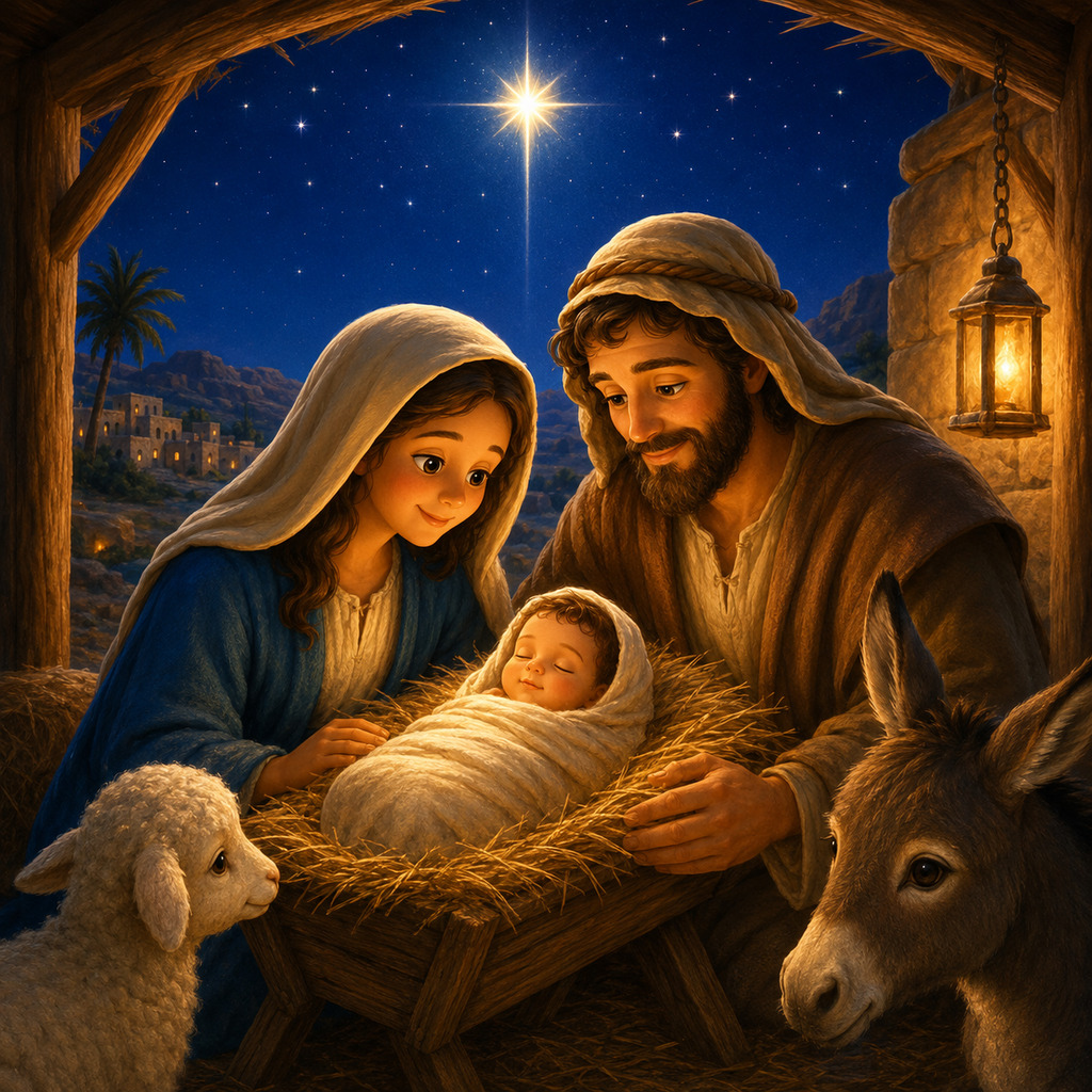 Portada de la historia El Nacimiento de Jesús — libro bíblico infantil ilustrado
